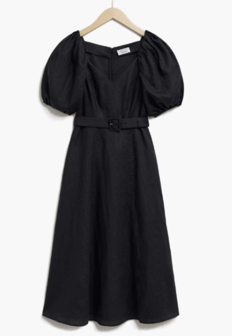 & Other Stories Puff Sleeve Belted Linen Midi Dress Black 100% Linen Size 10